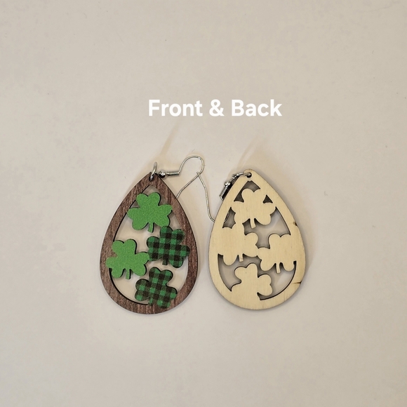 Shamrock Wood Teardrop Earrings St.Patrick's Day - Picture 4 of 4